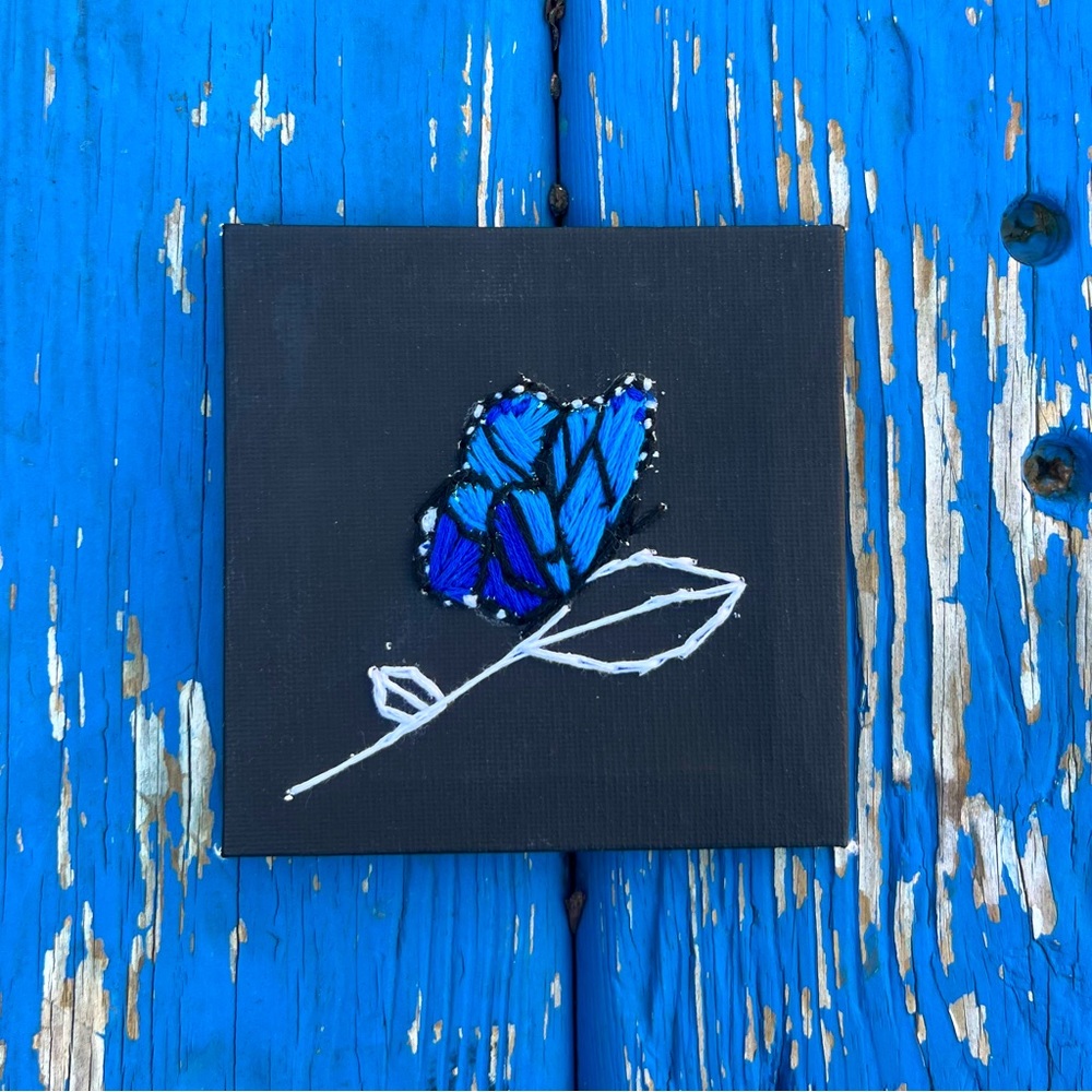 Blue Butterfly Hand-Embroidered 4x4 Black Canvas
